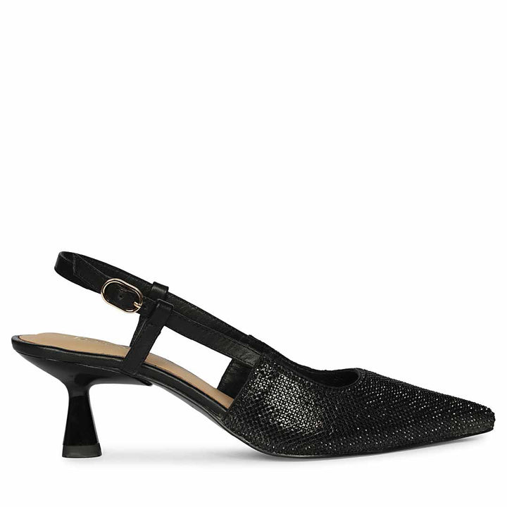 Saint Trinity Crystal Glimmer Slingback Black Leather Heels
