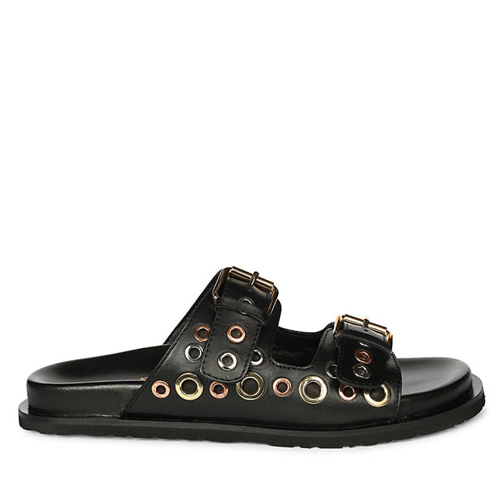 Saint Grethe Eyelets Black Leather Footbed Sandals