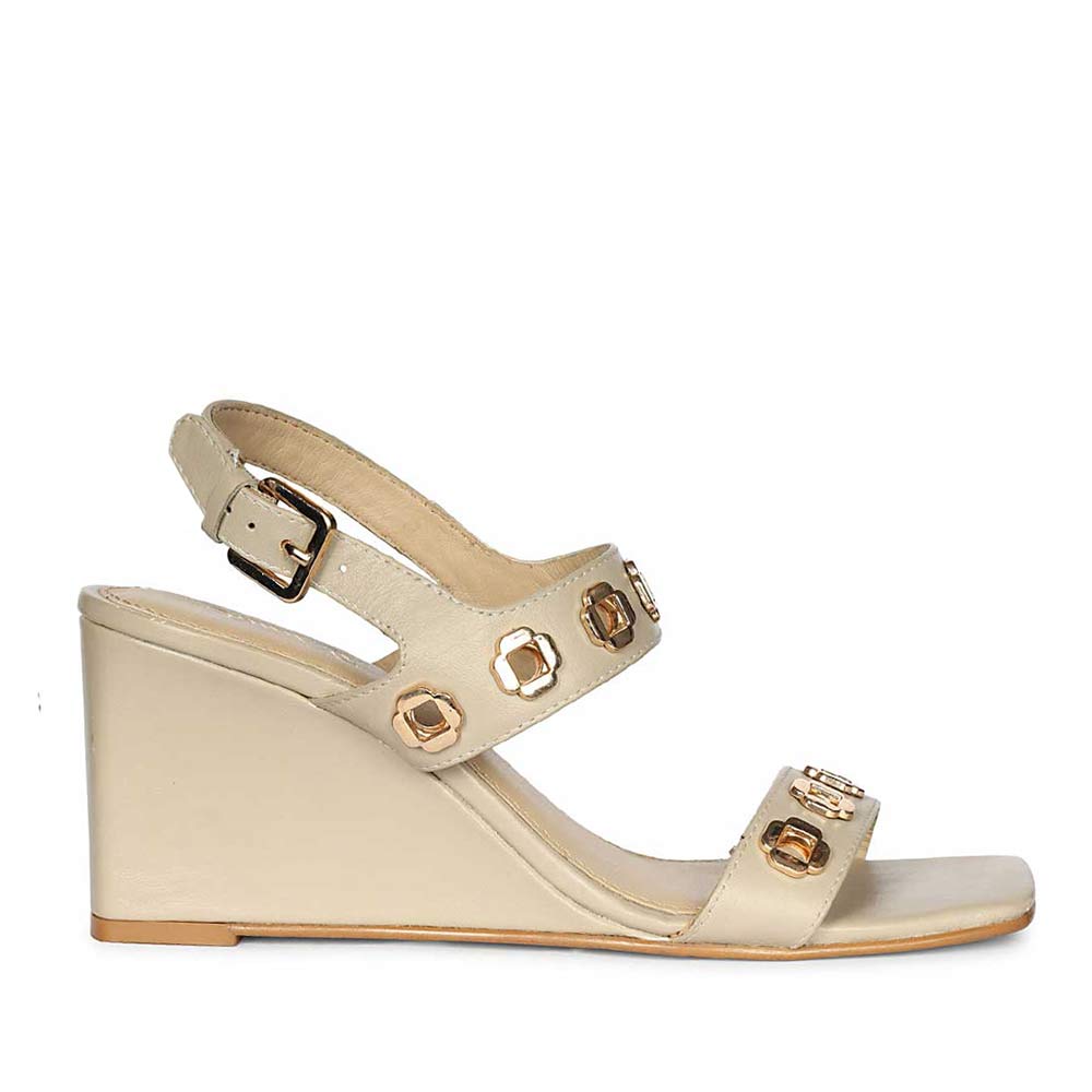 Saint Julien Flower Eyelets Beige Leather Wedge Heels