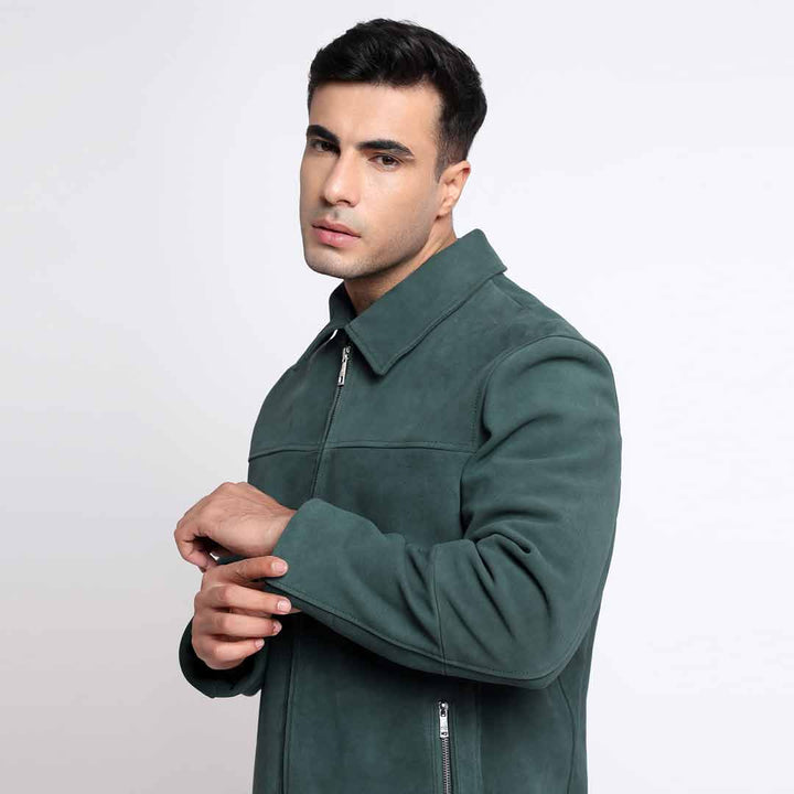 Saint Cristo Dark Green Suede Leather Men's Jacket With Collars