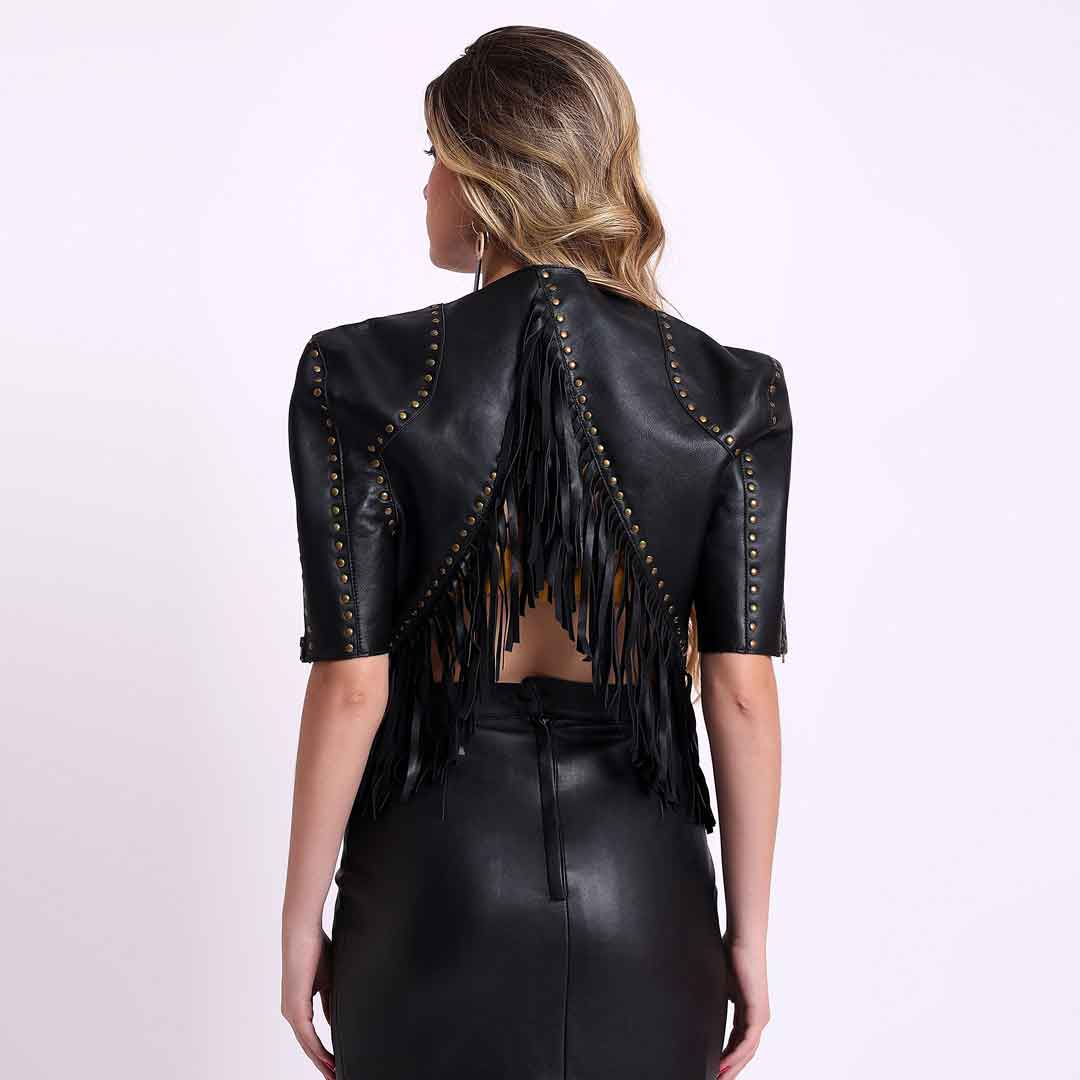 Saint Metal Studded Fringed Leather Short Jacket