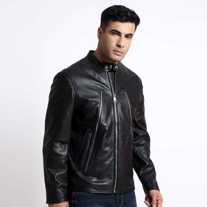 Saint Zachary Black Leather Men's Cafe Racer Jacket