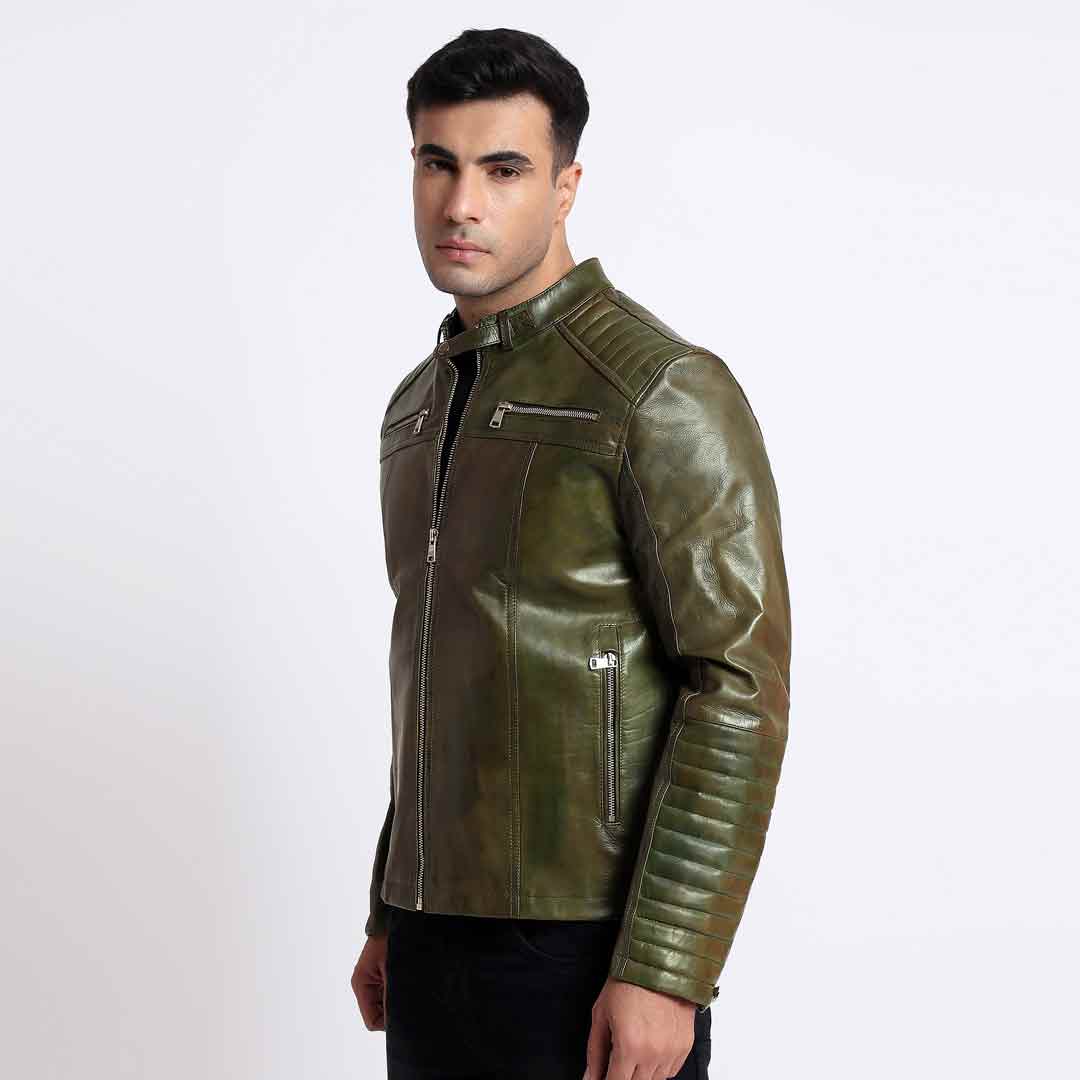 Saint Agostino Olive Leather Men's Cafe Racer Jackets