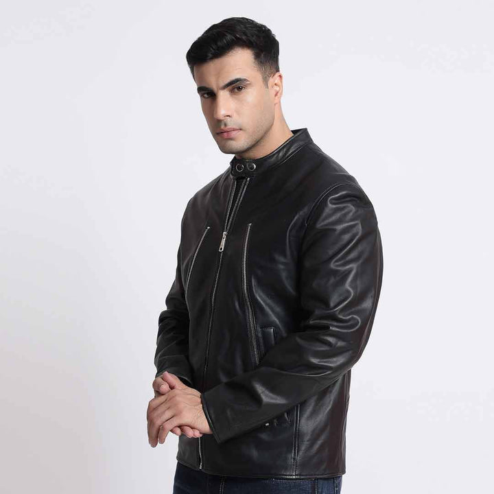 Saint Zachary Black Leather Men's Cafe Racer Jacket