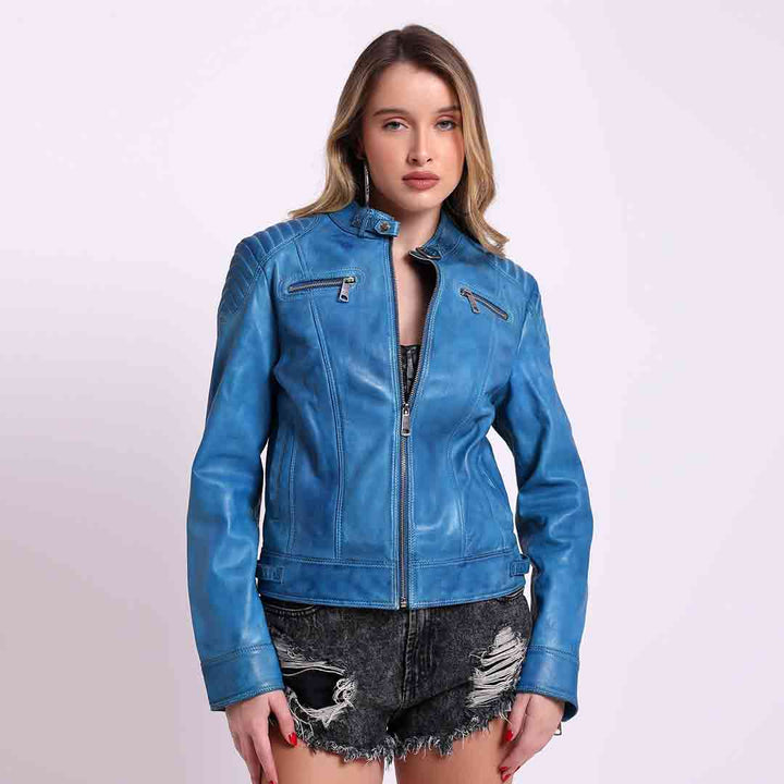 Saint Veronique Blue Leather Zip-Up Women Cafe Racer Jackets