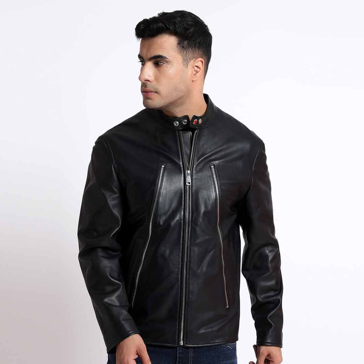 Saint Zachary Black Leather Men's Cafe Racer Jacket