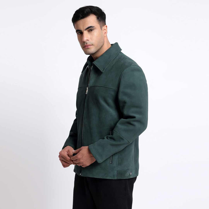 Saint Cristo Dark Green Suede Leather Men's Jacket With Collars