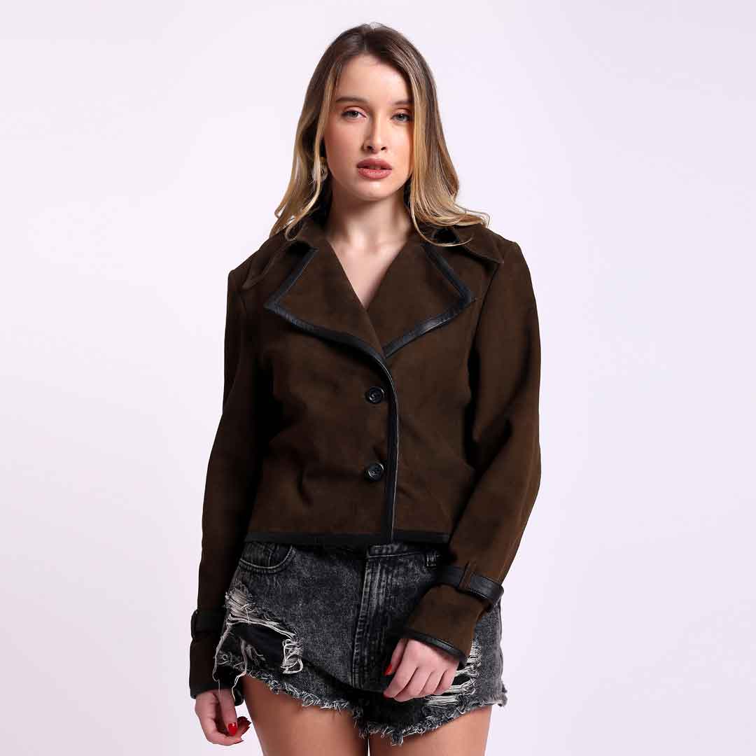 Saint Cloe Women Brown Leather Spread Collar Jackets