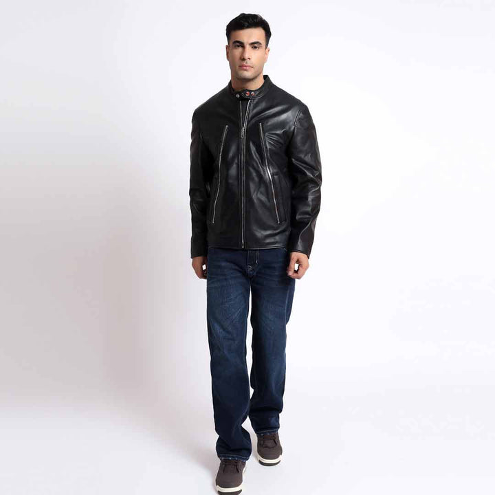 Saint Zachary Black Leather Men's Cafe Racer Jacket