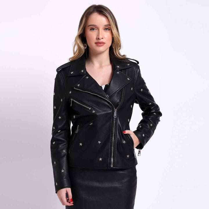 Saint Neve Black Leather Women Collar Jackets