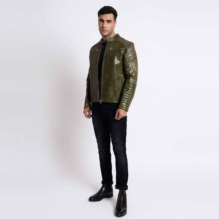 Saint Agostino Olive Leather Men's Cafe Racer Jackets