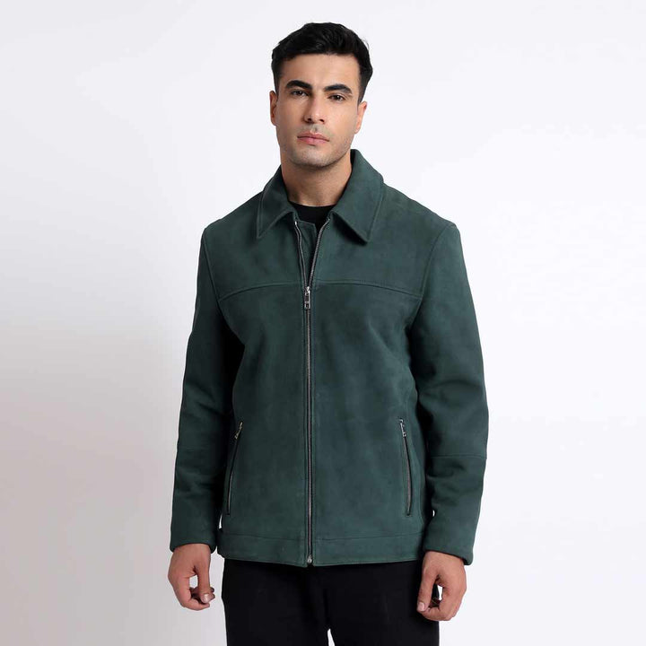 Saint Cristo Dark Green Suede Leather Men's Jacket With Collars