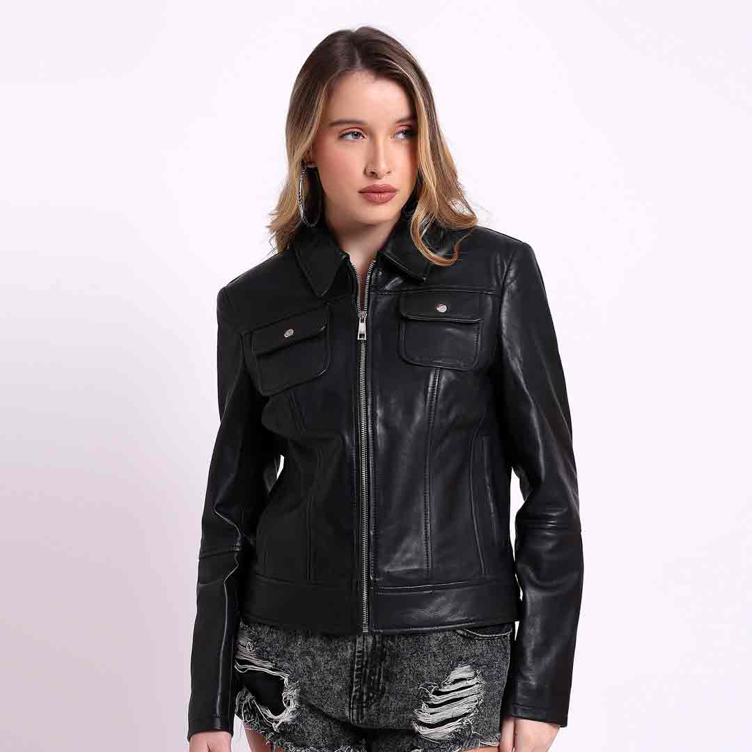 Saint Claiborne Women black Leather Spread Collar Jackets