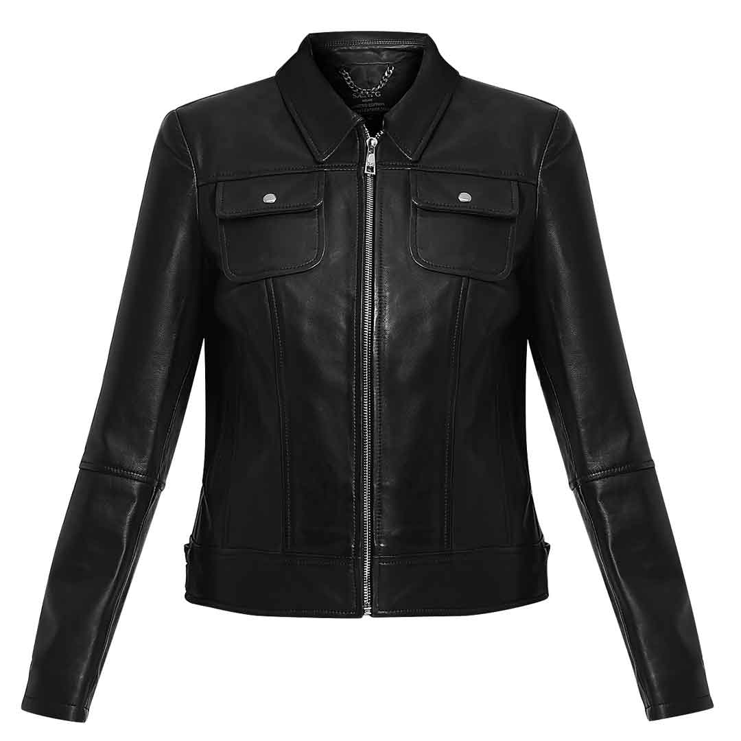 Saint Claiborne Women black Leather Spread Collar Jackets