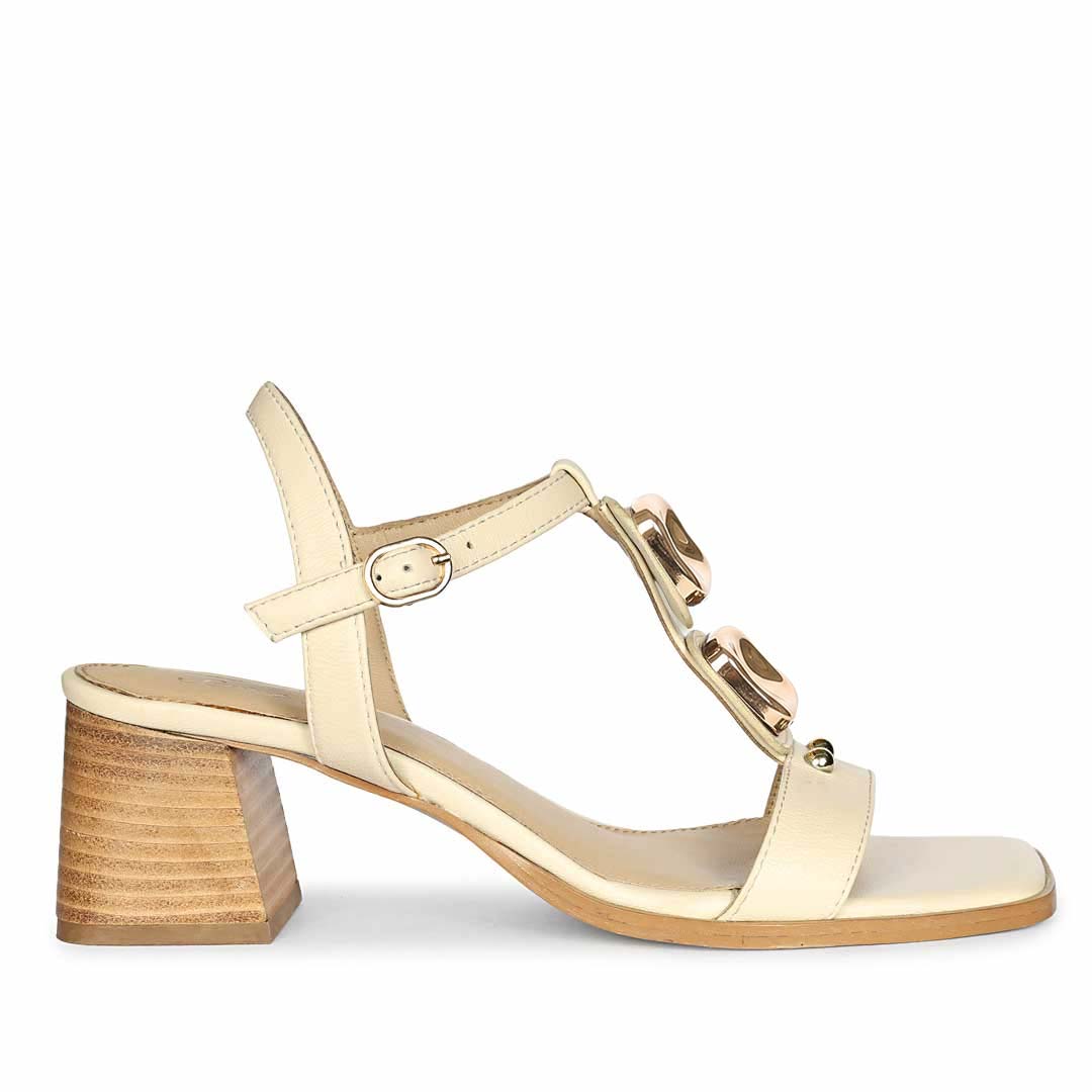 Saint Zoriel Gold Trim Off White Leather Block Heels