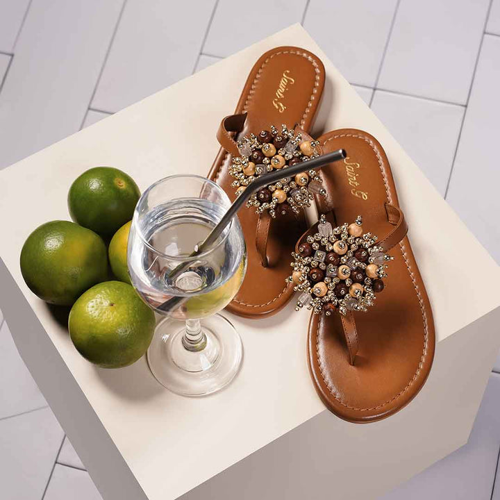 Saint Briony Jeweled Tan Leather Sandals