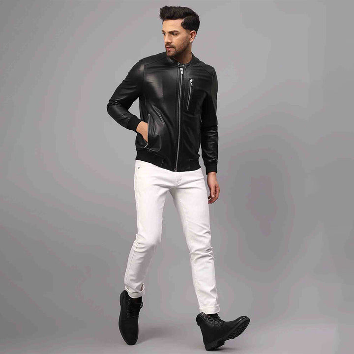 Saint Amorino Black Leather Men's Bomber Jackets