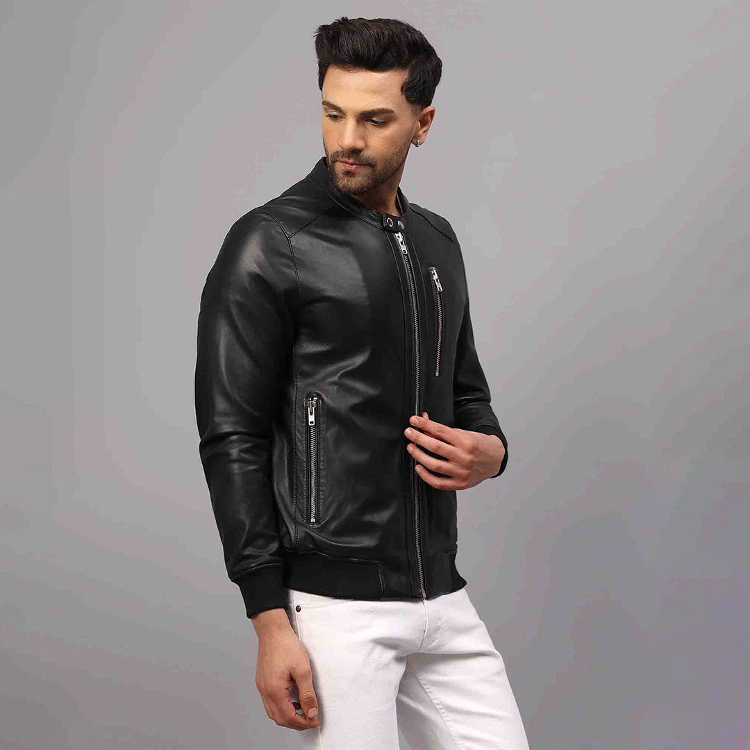 Saint Amorino Black Leather Men's Bomber Jackets