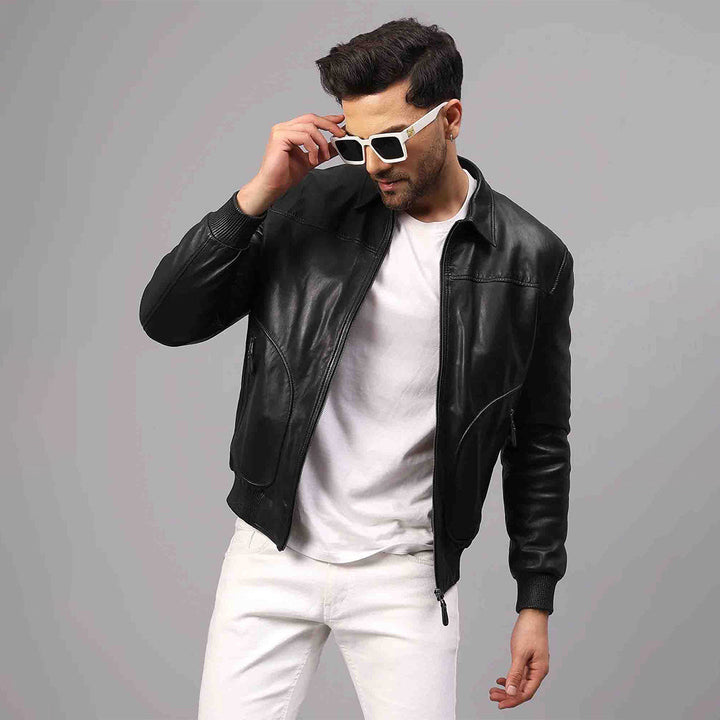 Saint Arduin Black Washed Leather Men's Bomber Jackets