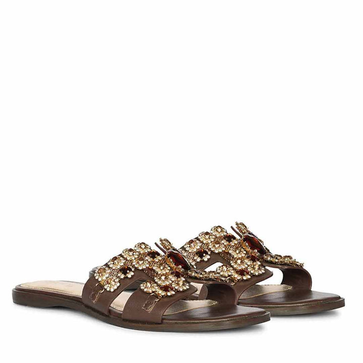 Saint Eileen Embroidered Stone Brown Leather Slides