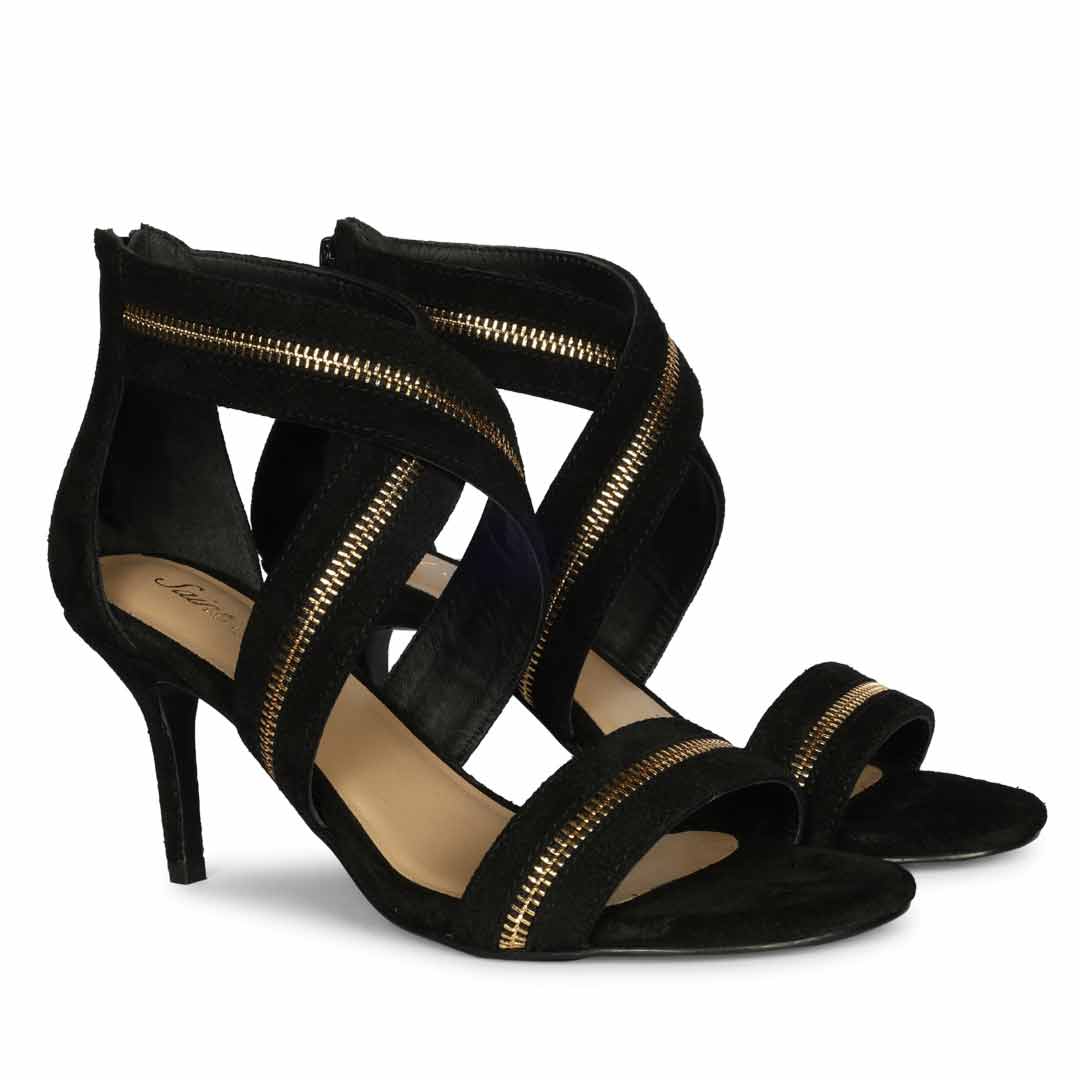 Saint Delilah Zip Decor Criss Cross Black Suede Leather Stilettos
