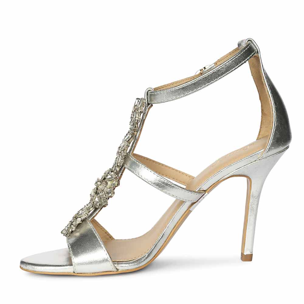 Saint Sydney Crystal Stone Metallic Silver Leather Stilettos