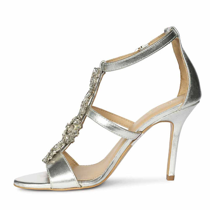 Saint Sydney Crystal Stone Metallic Silver Leather Stilettos