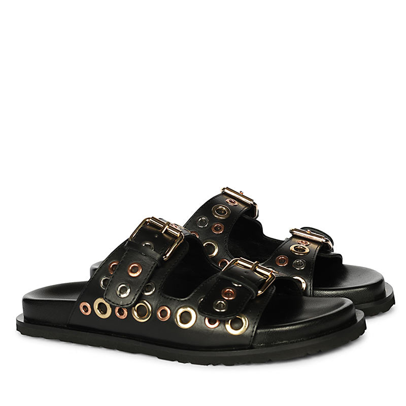 Saint Grethe Eyelets Black Leather Footbed Sandals