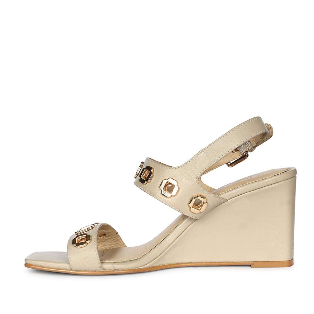 Saint Kendall Gold Flower Eyelets Beige Leather Wedge Heels