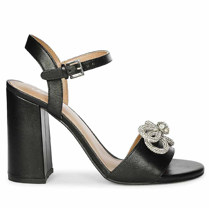 Saint Macy Silver Butterfly Jewel Black Leather Block Heels
