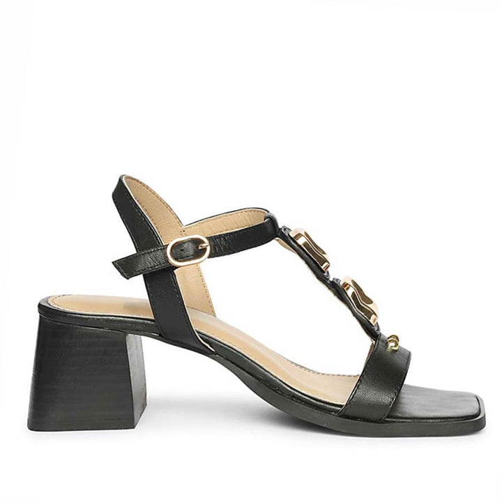 Saint Zoriel Gold Trim Black Leather Block Heels