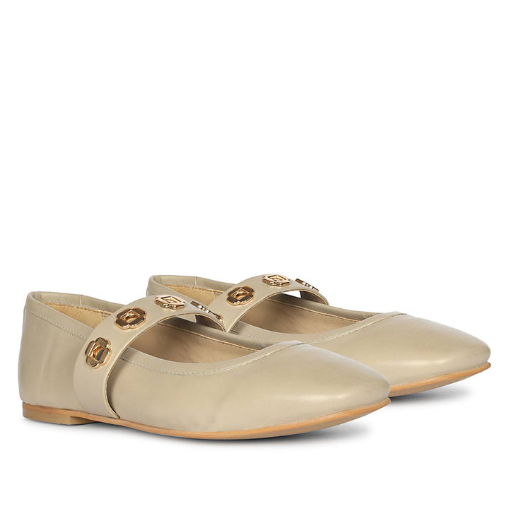 Saint Olwen Flower Eyelets Beige Leather Ballet Flats