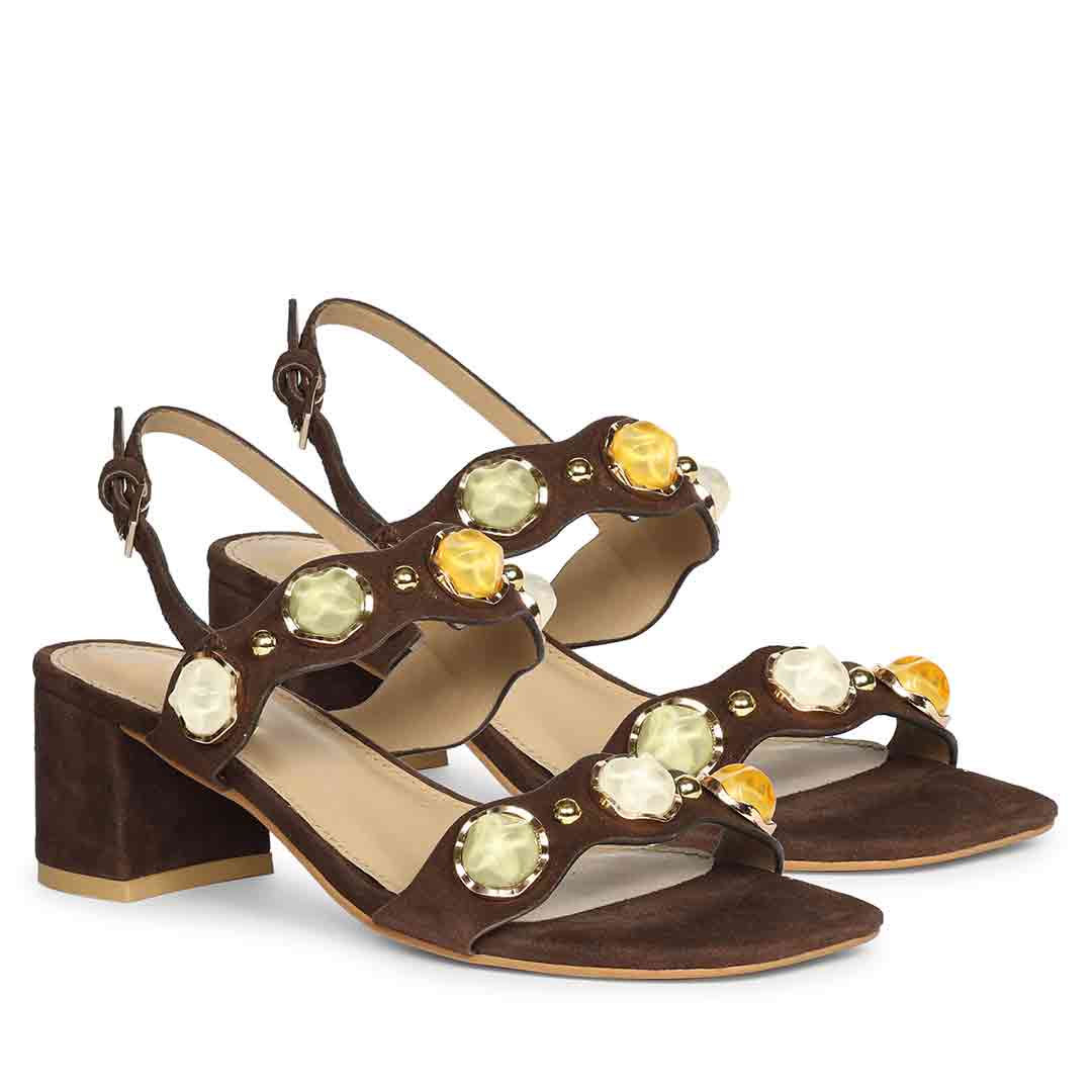 Saint Solira Multi-Stone Brown Suede Leather Block Heels