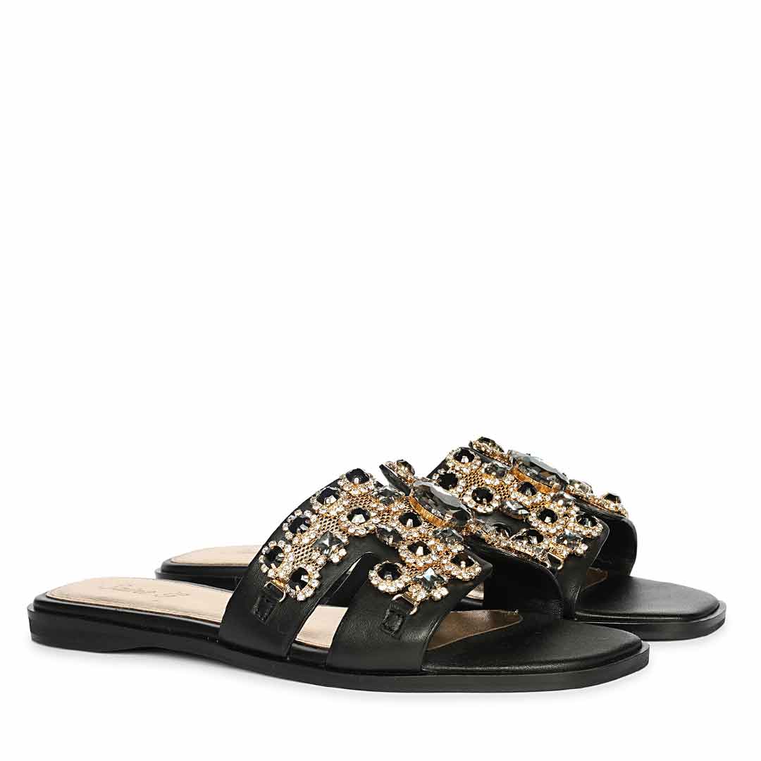 Saint Eileen Embroidered Stone Black Leather Slides