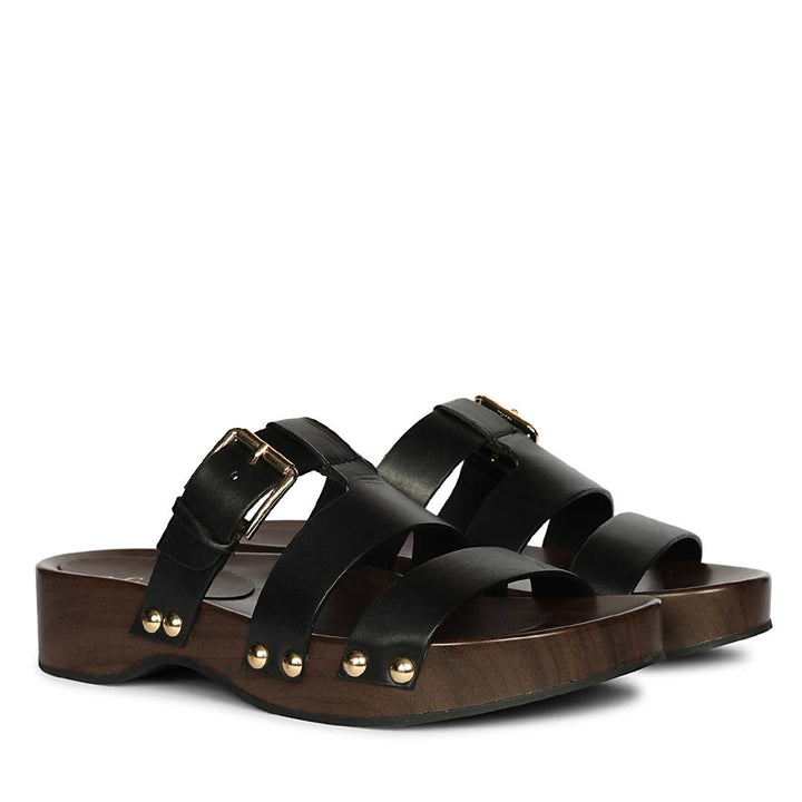 Saint Valene Buckle Black Leather Platform Sandals