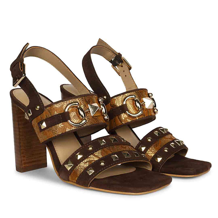 Saint Larisa Embellished Dark Brown Leather High Block Heels