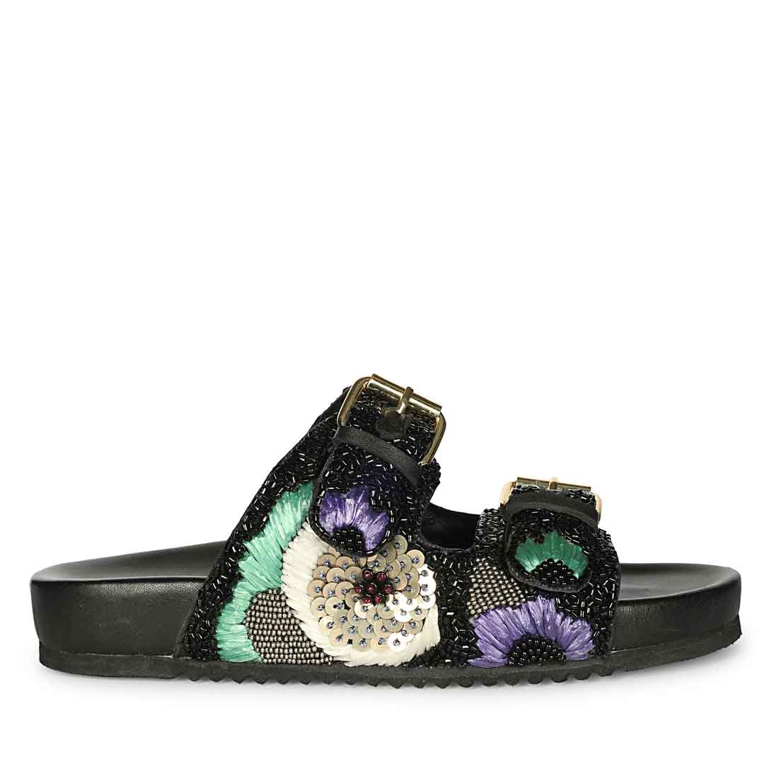 Saint Clio Hand Embroidered Black Leather Footbed Sandals