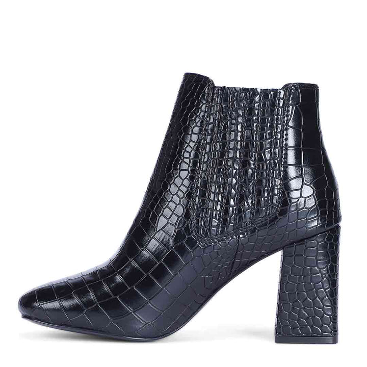 Black crocodile-patterned ankle boot