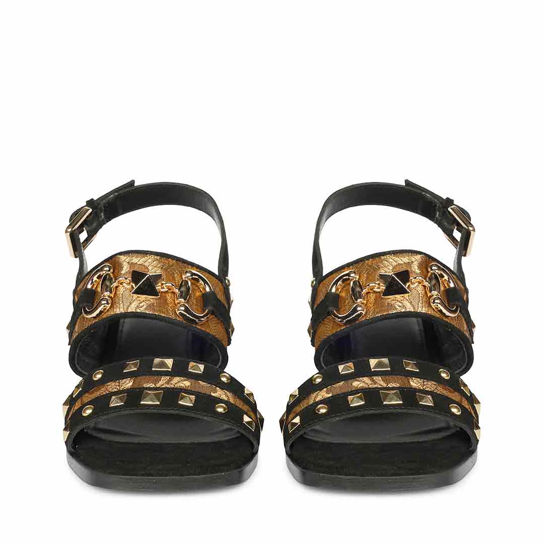 Saint Edie Embellished Metallic Black Leather Block Heel