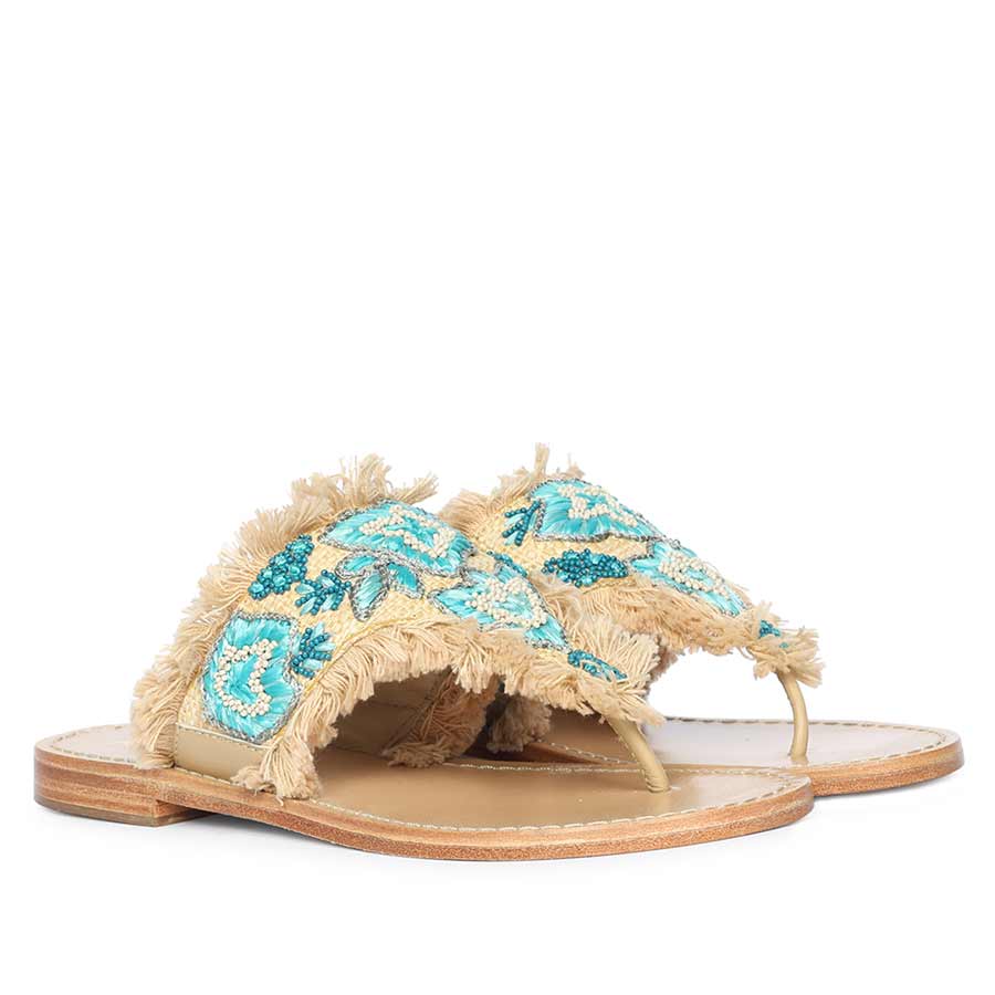 Saint Flora Turquoise Hand-Embroidered Leather Flats