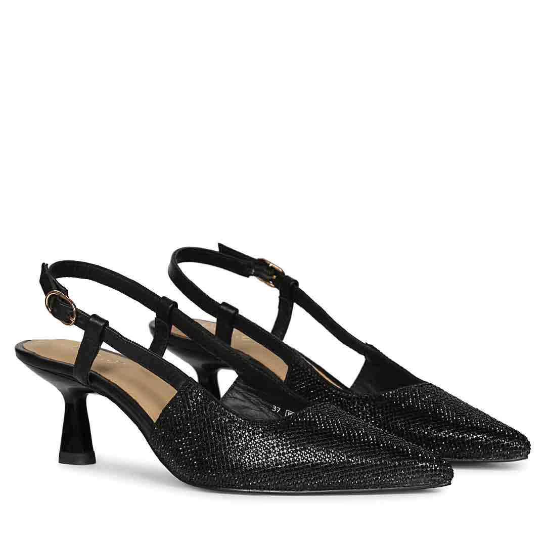 Saint Trinity Crystal Glimmer Slingback Black Leather Heels