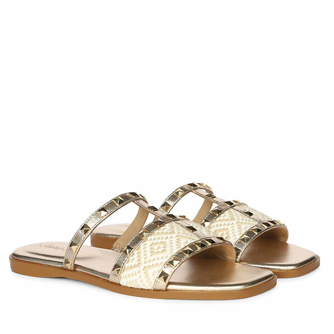 Saint Nylah Raffia & Pyramid Stud Metallic Gold Leather Slide