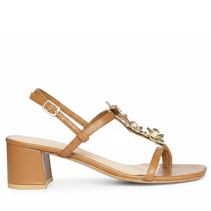 Saint Dorian Gold Flower Tan Leather Block Heels