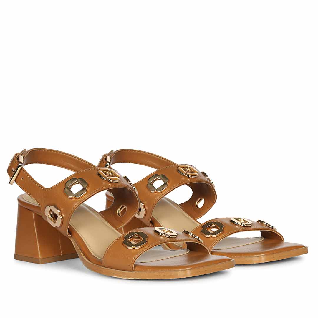 Saint Alviera Gold Flower Eyelets Tan Leather Block Heels