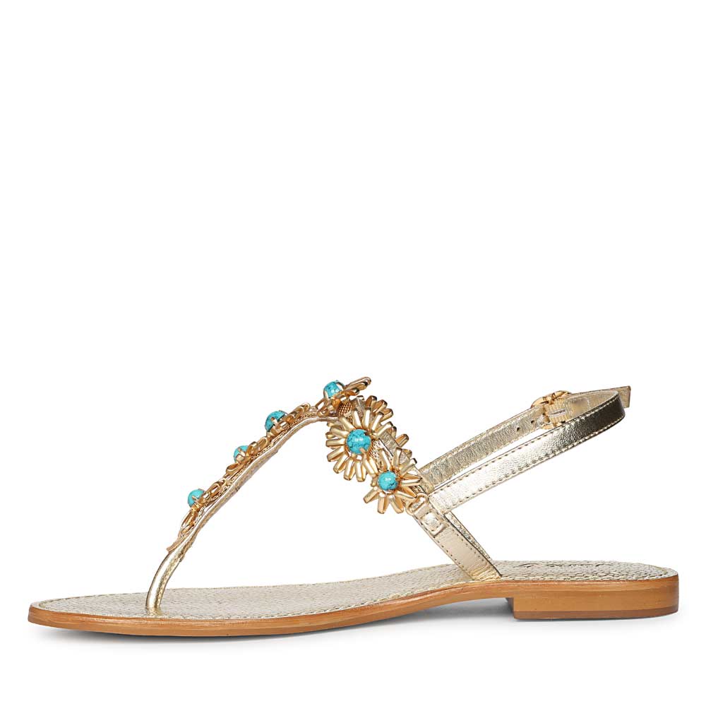 Saint Freesia Turquoise Flower Gold Leather Sandals