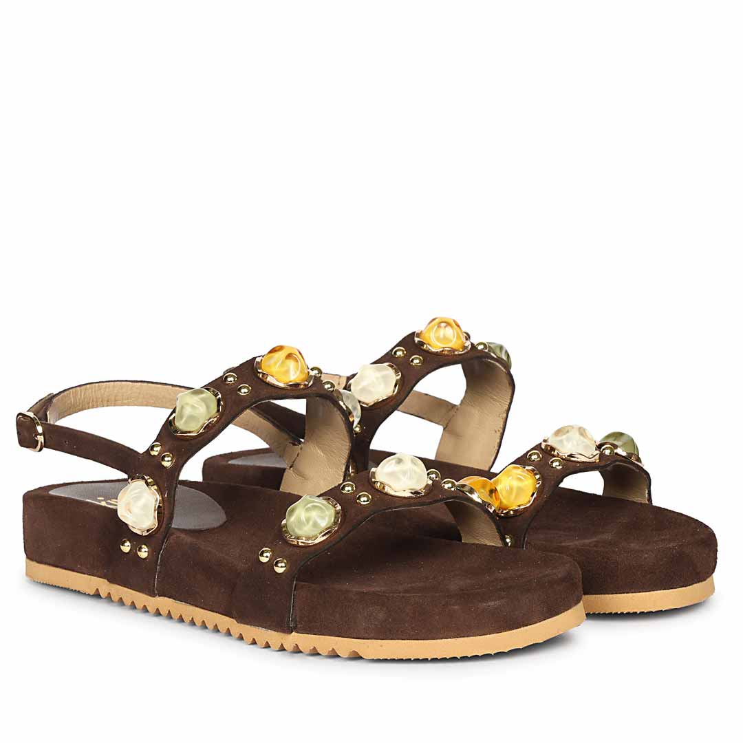 Saint Solira Multi Stone Brown Leather Footbed Sandals