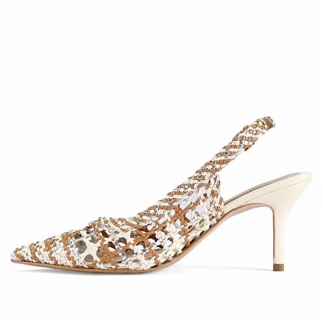 Saint Tamia Tan & Gold Hand Woven Leather Pumps