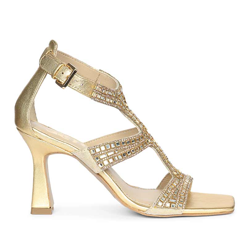 Saint Eloria Crystal Gold Leather Flared Stiletto Heels