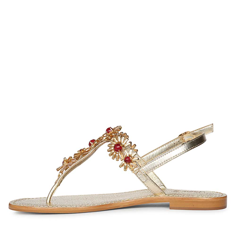 Saint Freesia Red Flower Gold Leather Sandals
