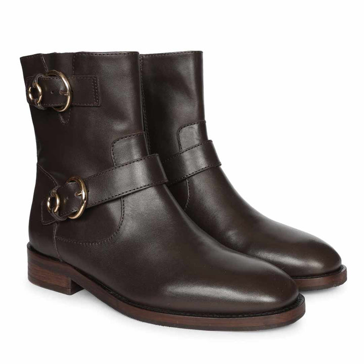 Saint Petra Double Buckle Brown Leather High Ankle Boots